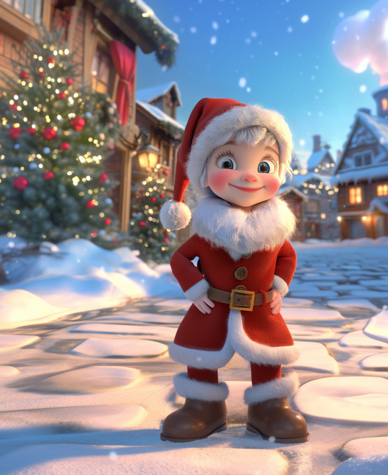 Christmas scene at the North Pole with a female Santa