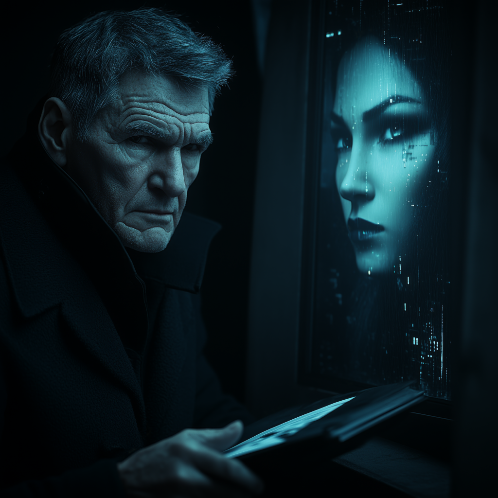 Man looking at the screen with a woman on display.